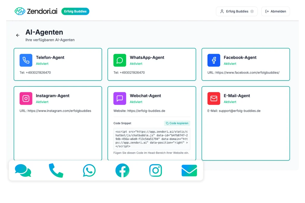 Originalansicht des Zendori-Portals mit Telefon-, WhatsApp-, Facebook-, Instagram-, Webchat- und E-Mail-Agenten